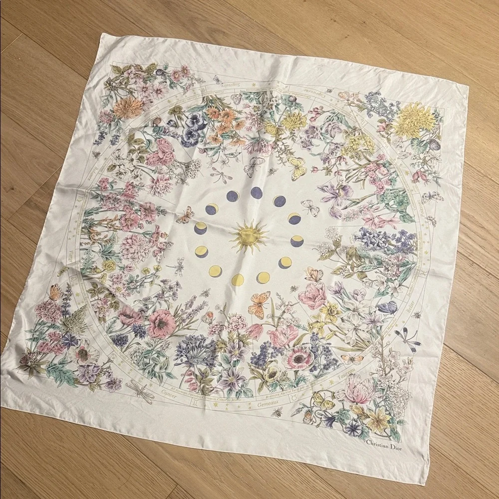 Dior White Silk Scarf with Floral and Sun Design
